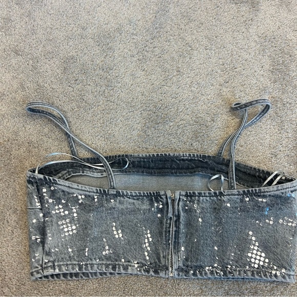 Zara TRF gray foil sequin embellished denim jean crop top sparkly Sz XXL NWOT - Picture 6 of 15